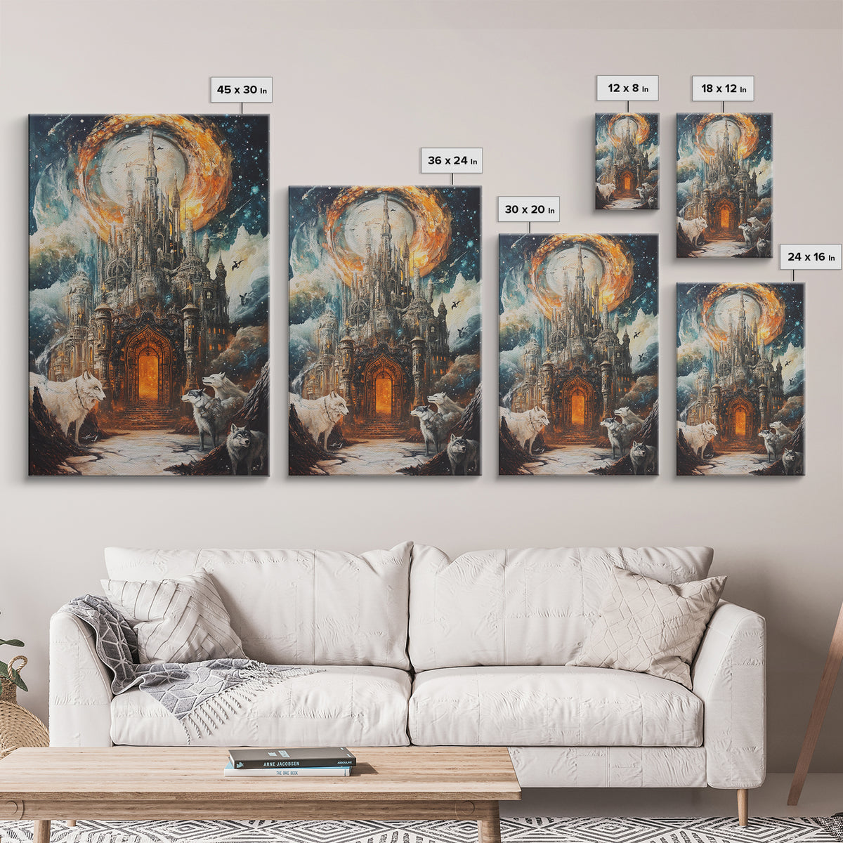 Gothic Moon Castle With Wolves Canvas Print, Fantasy Wall Art, Dark Academia Decor, Mystical Landscape, Gothic Home Decor
