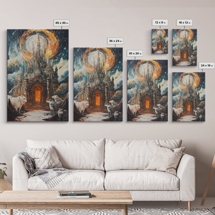 Gothic Moon Castle With Wolves Canvas Print, Fantasy Wall Art, Dark Academia Decor, Mystical Landscape, Gothic Home Decor