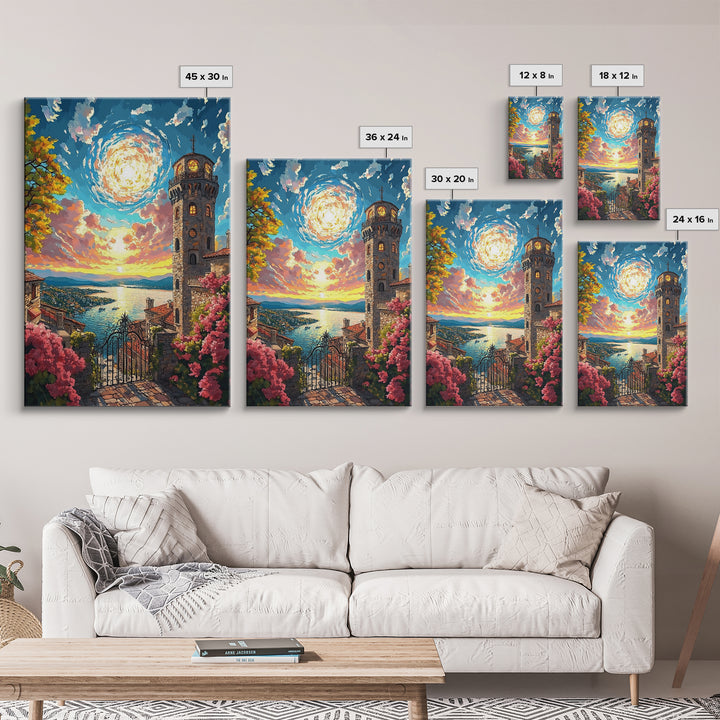 Lake Como Sunset Tower Canvas Print, Italian Coastal Wall Art, Mediterranean Decor, Travel Poster, Elegant Living Room Decor