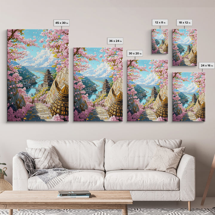 Cherry Blossom Pagoda Stairway Canvas Print, Japanese Wall Art, Samurai Decor, Spring Landscape, Zen Home Decor, Living Room Decor