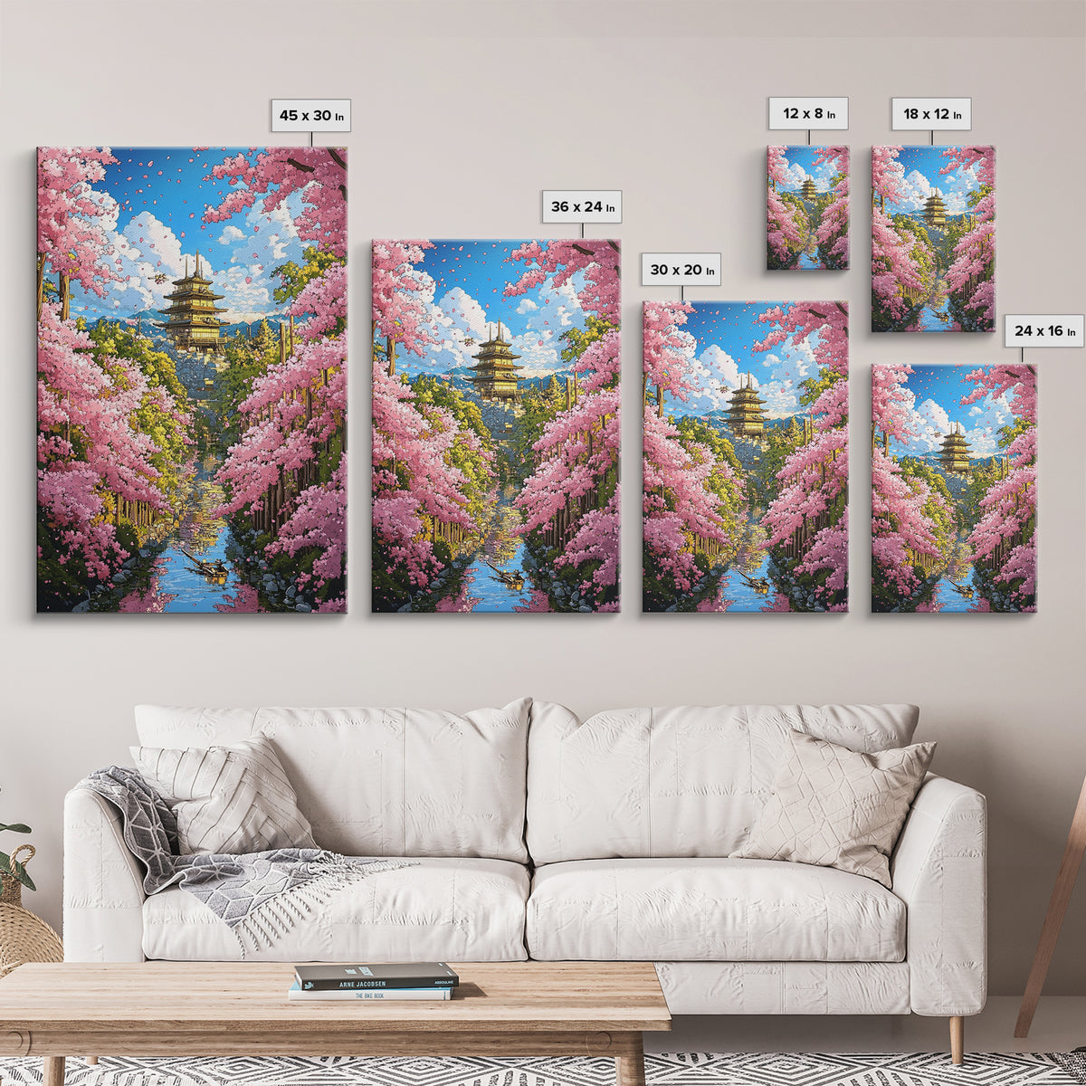 Cherry Blossom Temple Canal Canvas Print, Japanese Wall Art, Spring Landscape, Zen Garden Decor, Colorful Living Room Art