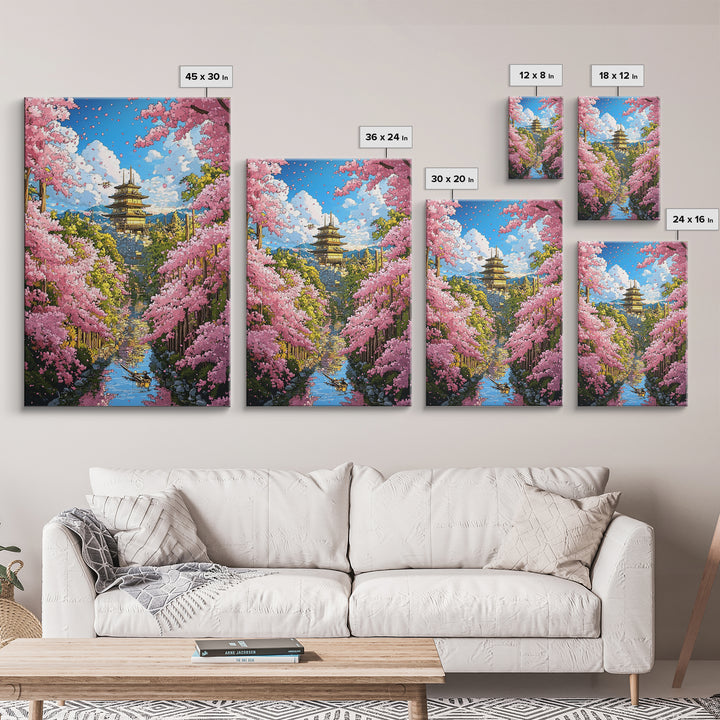 Cherry Blossom Temple Canal Canvas Print, Japanese Wall Art, Spring Landscape, Zen Garden Decor, Colorful Living Room Art