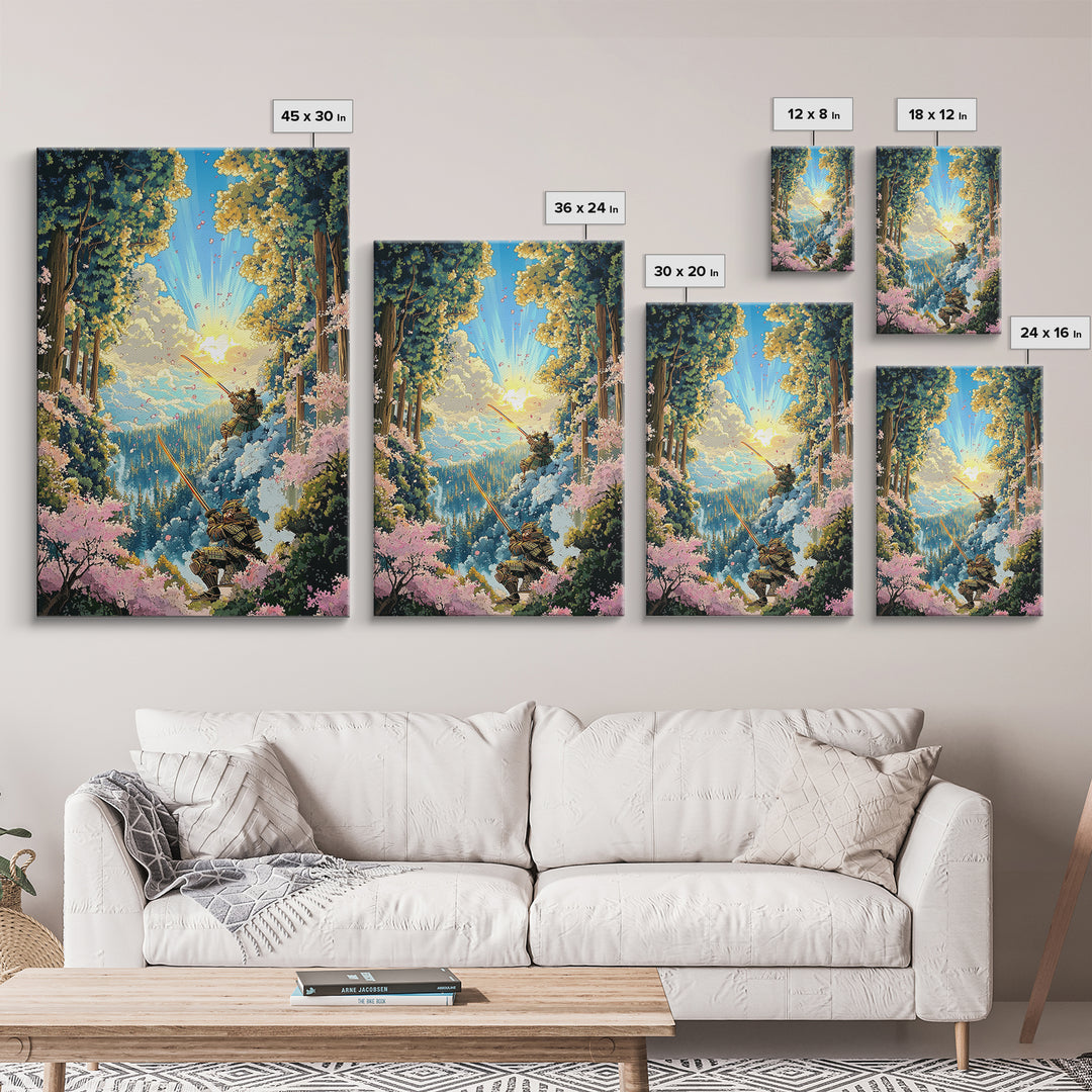 Samurai Forest Duel Canvas Print, Japanese Wall Art, Fantasy Landscape, Cherry Blossom Decor, Warrior Art, Adventure Poster