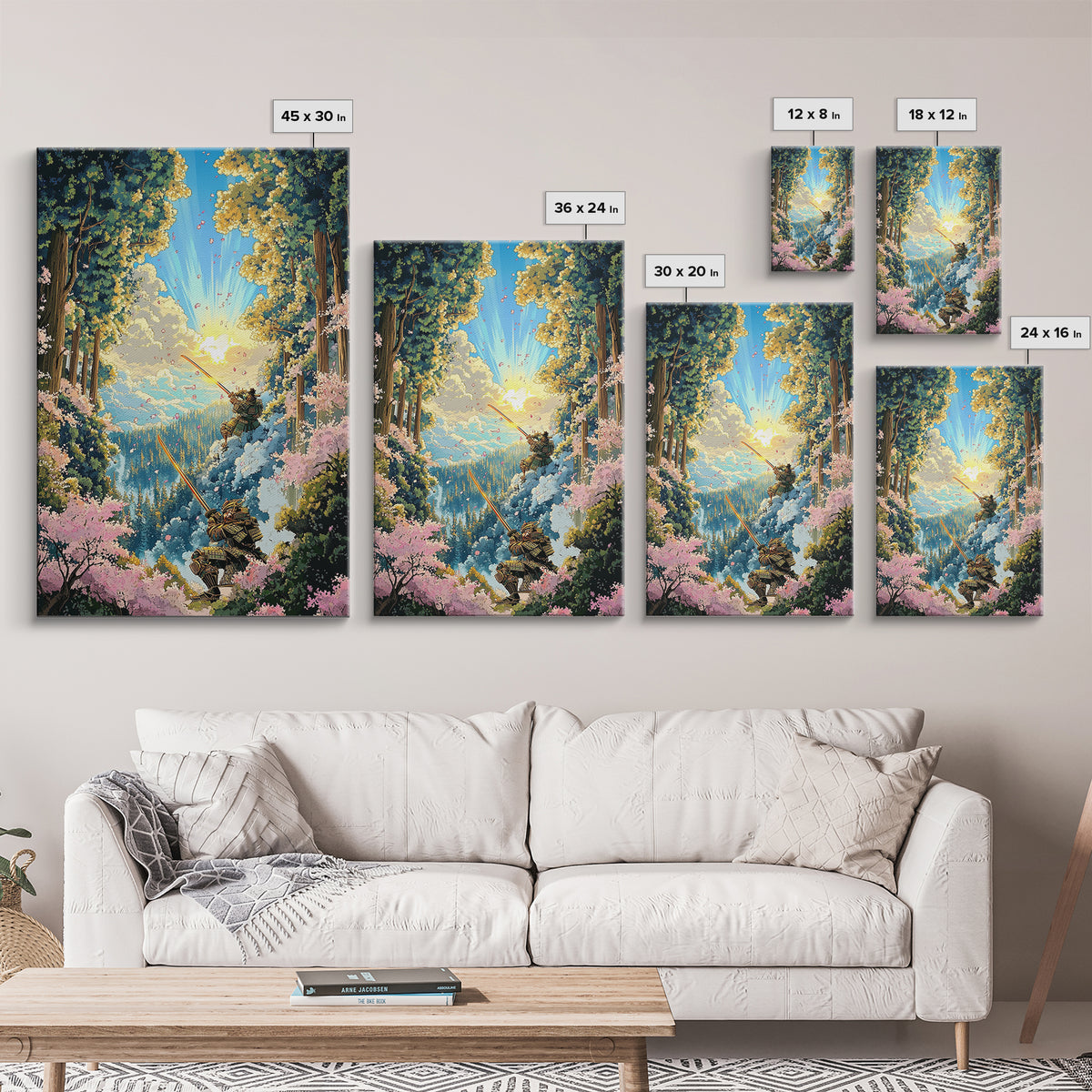 Samurai Forest Duel Canvas Print, Japanese Wall Art, Fantasy Landscape, Cherry Blossom Decor, Warrior Art, Adventure Poster