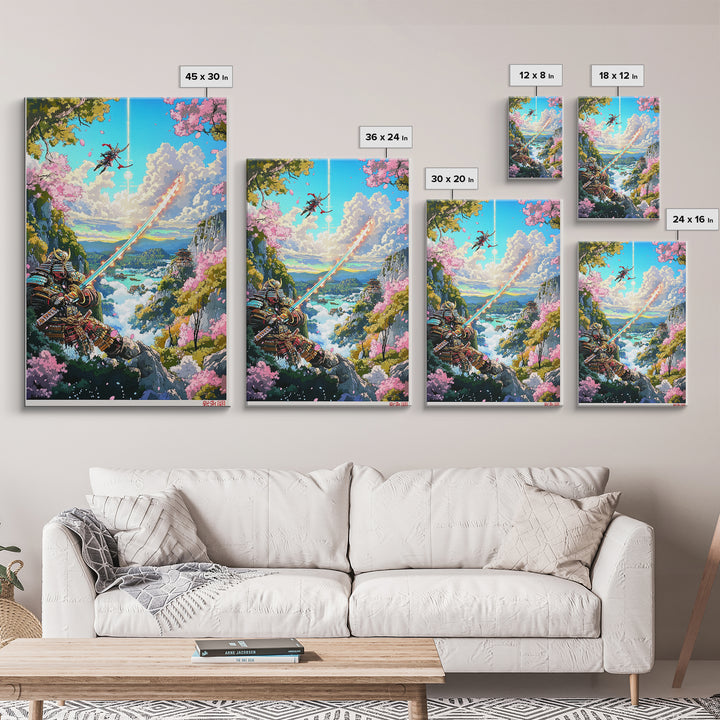 Glowing Sword Samurai Canvas Print, Japanese Wall Art, Fantasy Landscape, Cherry Blossom Decor, Warrior Art, Gaming Room Art