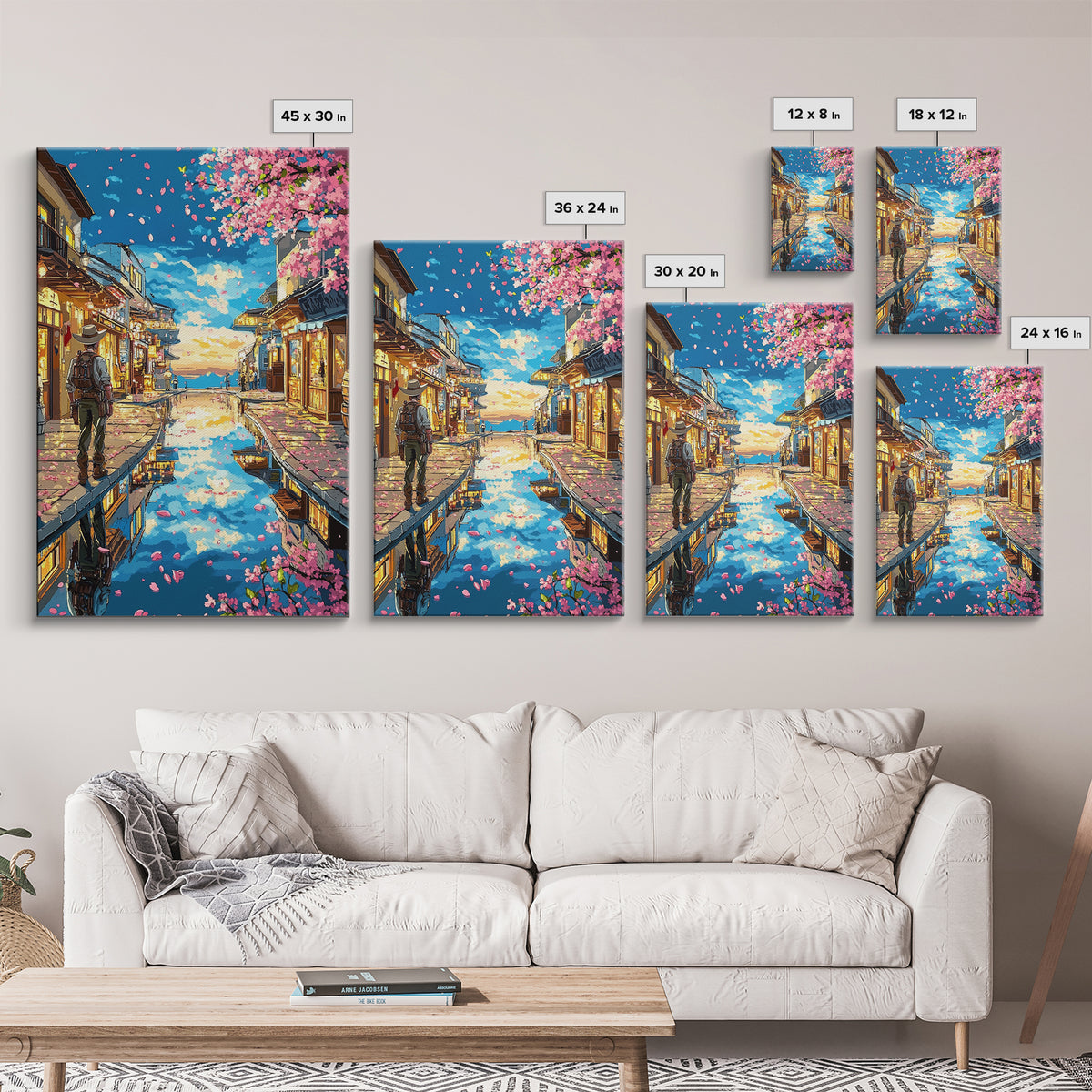Cherry Blossom Canal Street Canvas Print, Japanese Wall Art, Kyoto Travel Poster, Reflective Water, Cozy Shop Decor, Home Decor