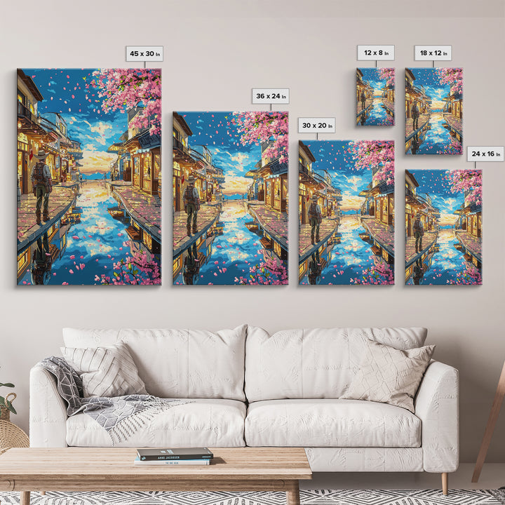 Cherry Blossom Canal Street Canvas Print, Japanese Wall Art, Kyoto Travel Poster, Reflective Water, Cozy Shop Decor, Home Decor