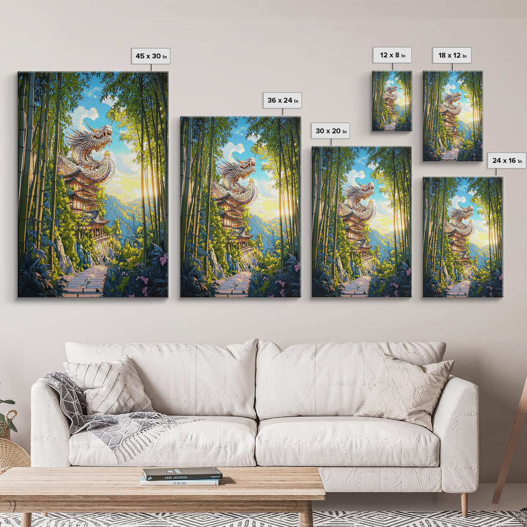 Sunlit Dragon Temple Bamboo Forest Wall Art, Japanese Fantasy Decor, Pagoda Landscape Print, Mystical Asian Home Decor Gift