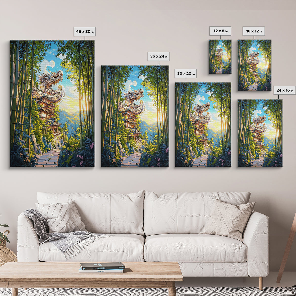 Sunlit Dragon Temple Bamboo Forest Wall Art, Japanese Fantasy Decor, Pagoda Landscape Print, Mystical Asian Home Decor Gift