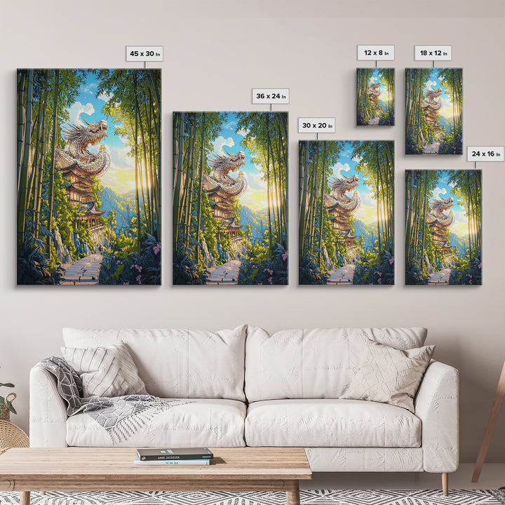 Sunlit Dragon Temple Bamboo Forest Wall Art, Japanese Fantasy Decor, Pagoda Landscape Print, Mystical Asian Home Decor Gift