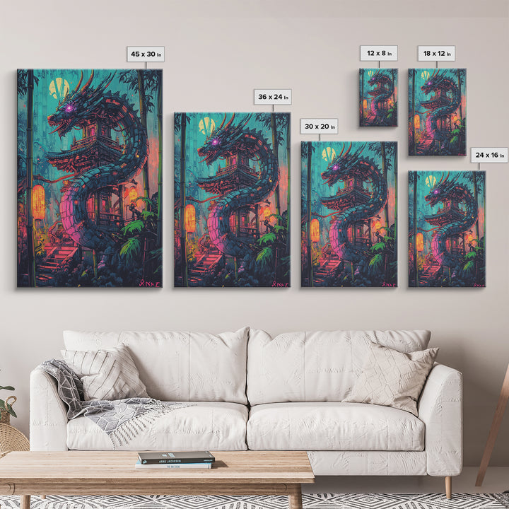 Neon Dragon Pagoda In Moonlit Bamboo Wall Art, Cyberpunk Japanese Fantasy Print, Dark Asian Decor, Gaming Room Poster Gift