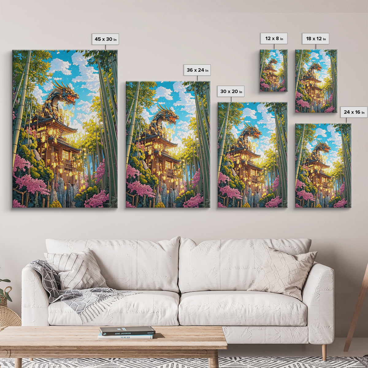 Golden Dragon Pagoda With Cherry Blossoms Canvas Print, Japanese Wall Art, Fantasy Landscape, Asian Home Decor Gift For Her