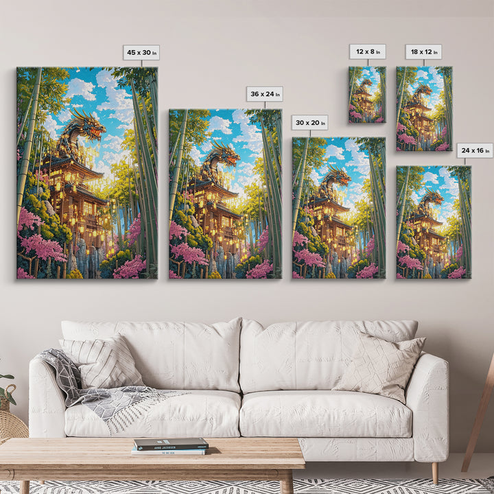 Golden Dragon Pagoda With Cherry Blossoms Canvas Print, Japanese Wall Art, Fantasy Landscape, Asian Home Decor Gift For Her