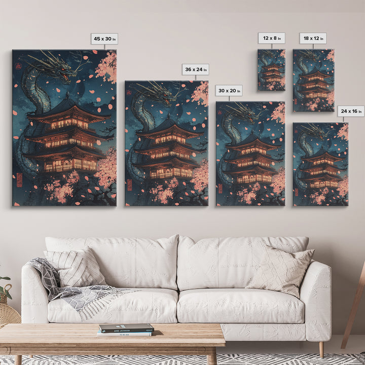 Moonlit Dragon Pagoda With Sakura Petals Framed Canvas Print, Japanese Wall Art, Dark Fantasy Decor, Cherry Blossom Poster
