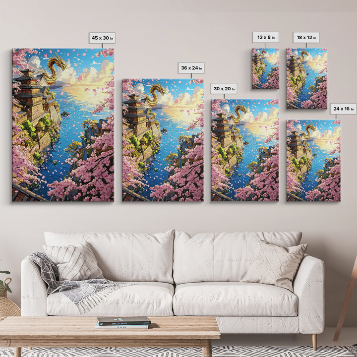 Golden Dragon Over Cherry Blossom Coastal Village Wall Art, Japanese Fantasy Seascape, Ocean Wall Decor Gift, Travel Poster