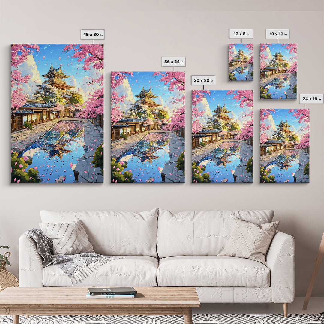 Cherry Blossom Castle Courtyard Reflection Canvas Print, Japanese Wall Art, Spring Landscape Decor, Pink Floral Art Gift