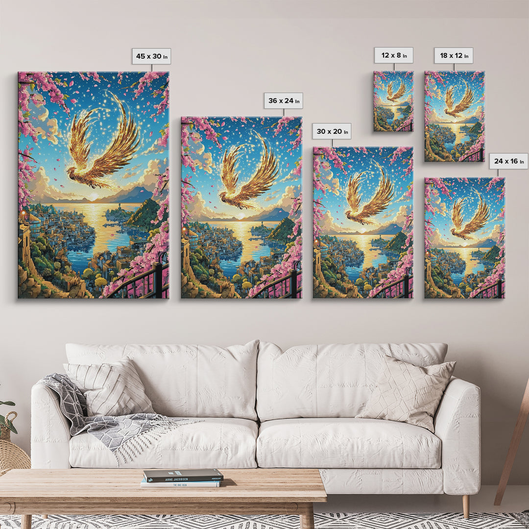 Golden Phoenix Over Harbor At Sunset Wall Art, Cherry Blossom Fantasy Print, Japanese Coastal Decor, Mythical Bird Poster