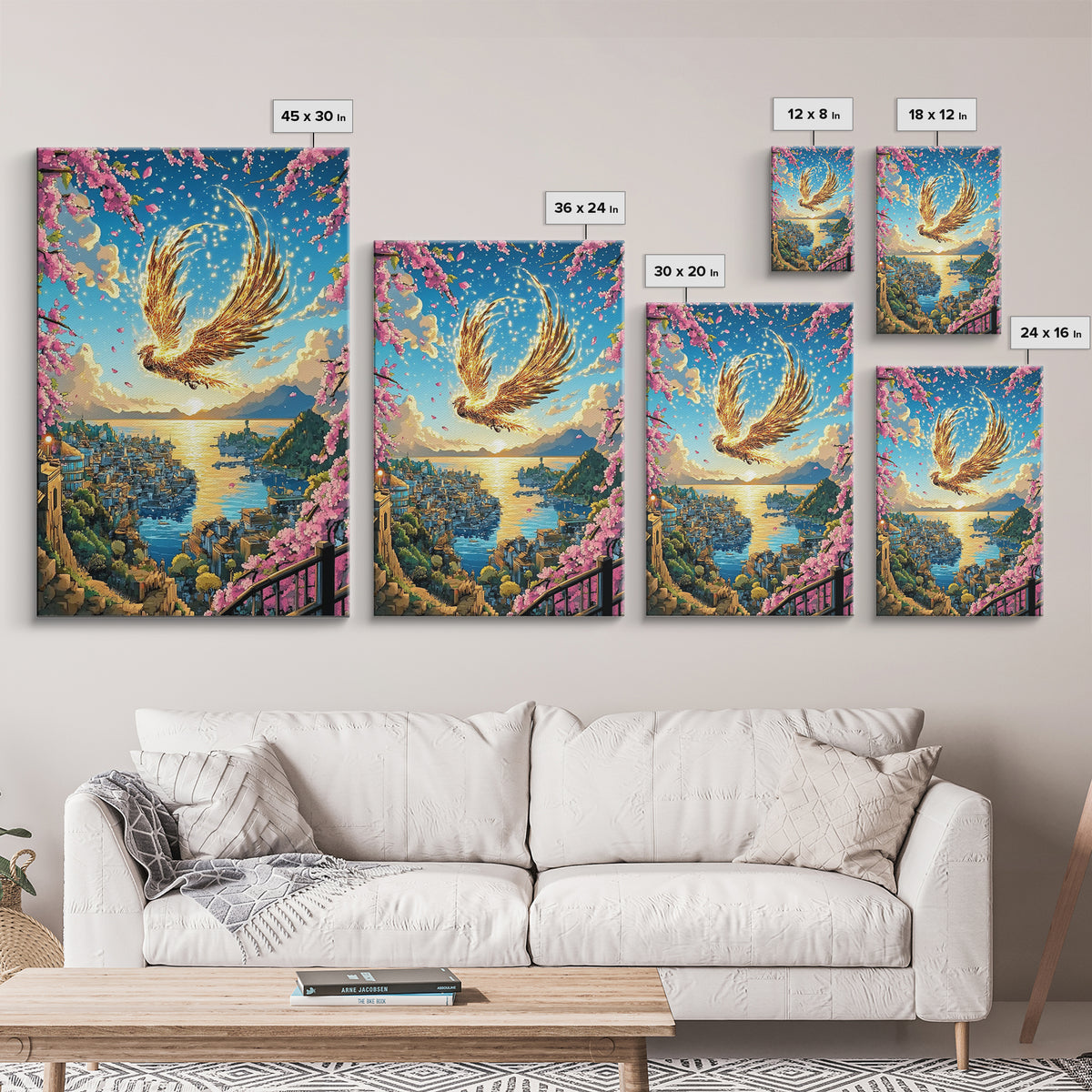 Golden Phoenix Over Harbor At Sunset Wall Art, Cherry Blossom Fantasy Print, Japanese Coastal Decor, Mythical Bird Poster
