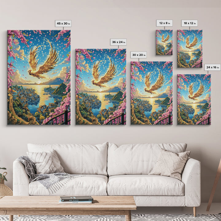 Golden Phoenix Over Harbor At Sunset Wall Art, Cherry Blossom Fantasy Print, Japanese Coastal Decor, Mythical Bird Poster