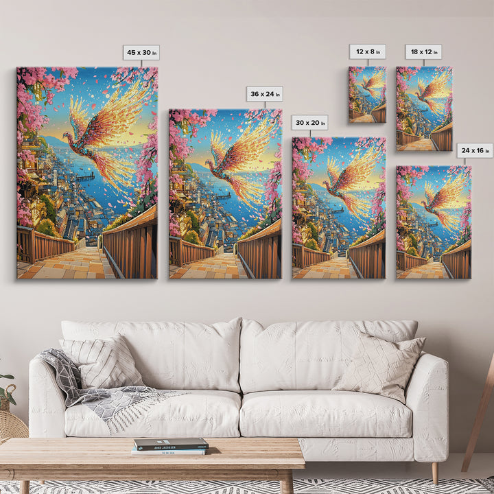 Fiery Phoenix Above Harbor Stairs Canvas Print, Cherry Blossom Japanese Wall Art, Vibrant Coastal Decor, Fantasy Gift For Her