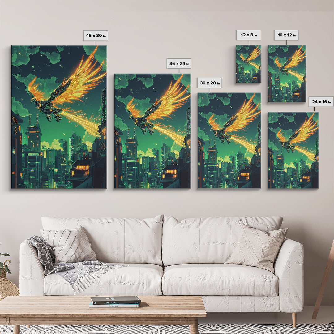 Glowing Phoenix Over Neon City Skyline Wall Art, Cyberpunk Fantasy Print, Sci Fi Decor, Futuristic Gaming Room Poster Gift