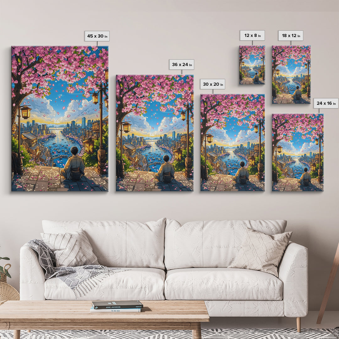 Cherry Blossom Harbor Meditation Wall Art, Japanese Anime Landscape Print, Sakura City Decor, Zen Living Room Decor, Home Decor Gift