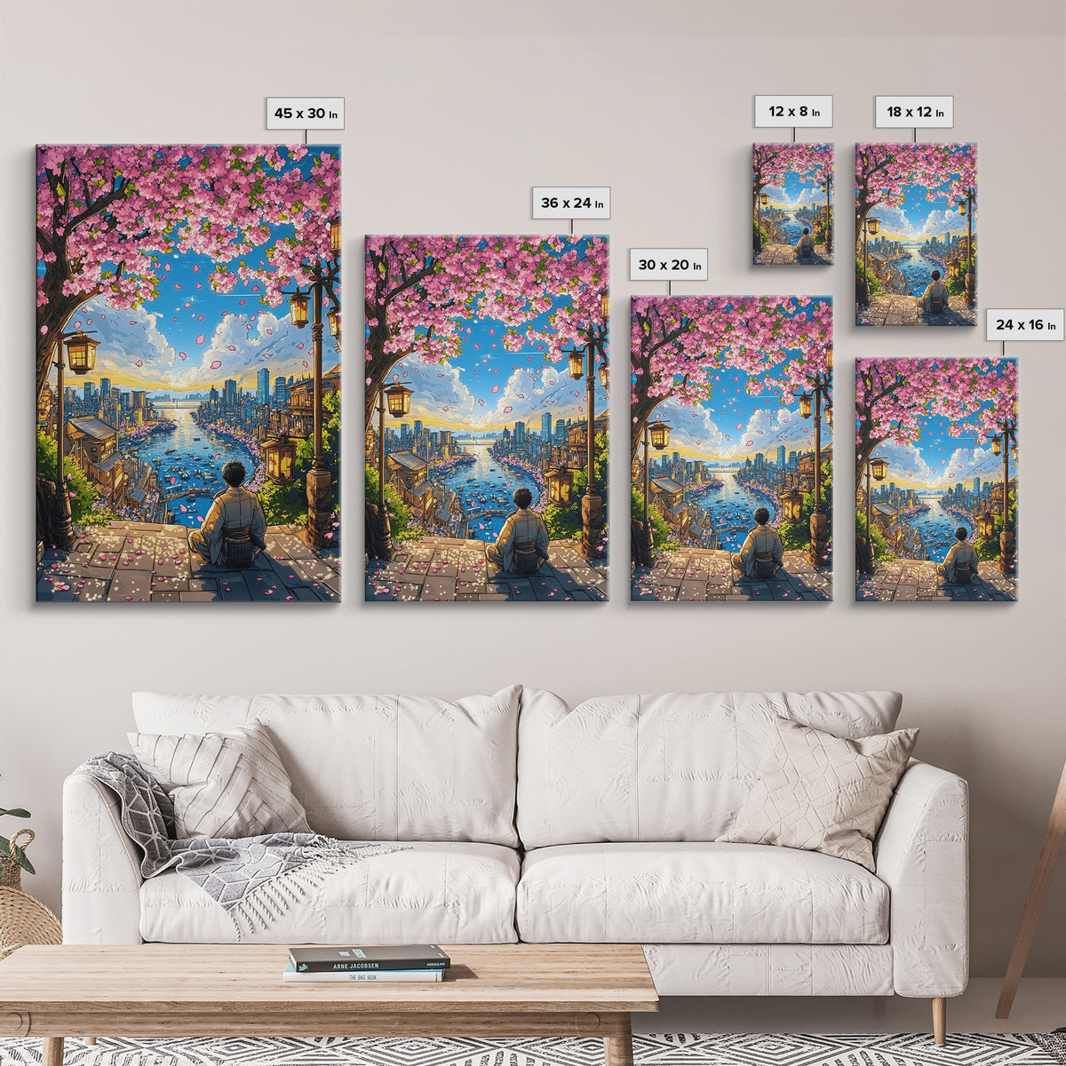 Cherry Blossom Harbor Meditation Wall Art, Japanese Anime Landscape Print, Sakura City Decor, Zen Living Room Decor, Home Decor Gift