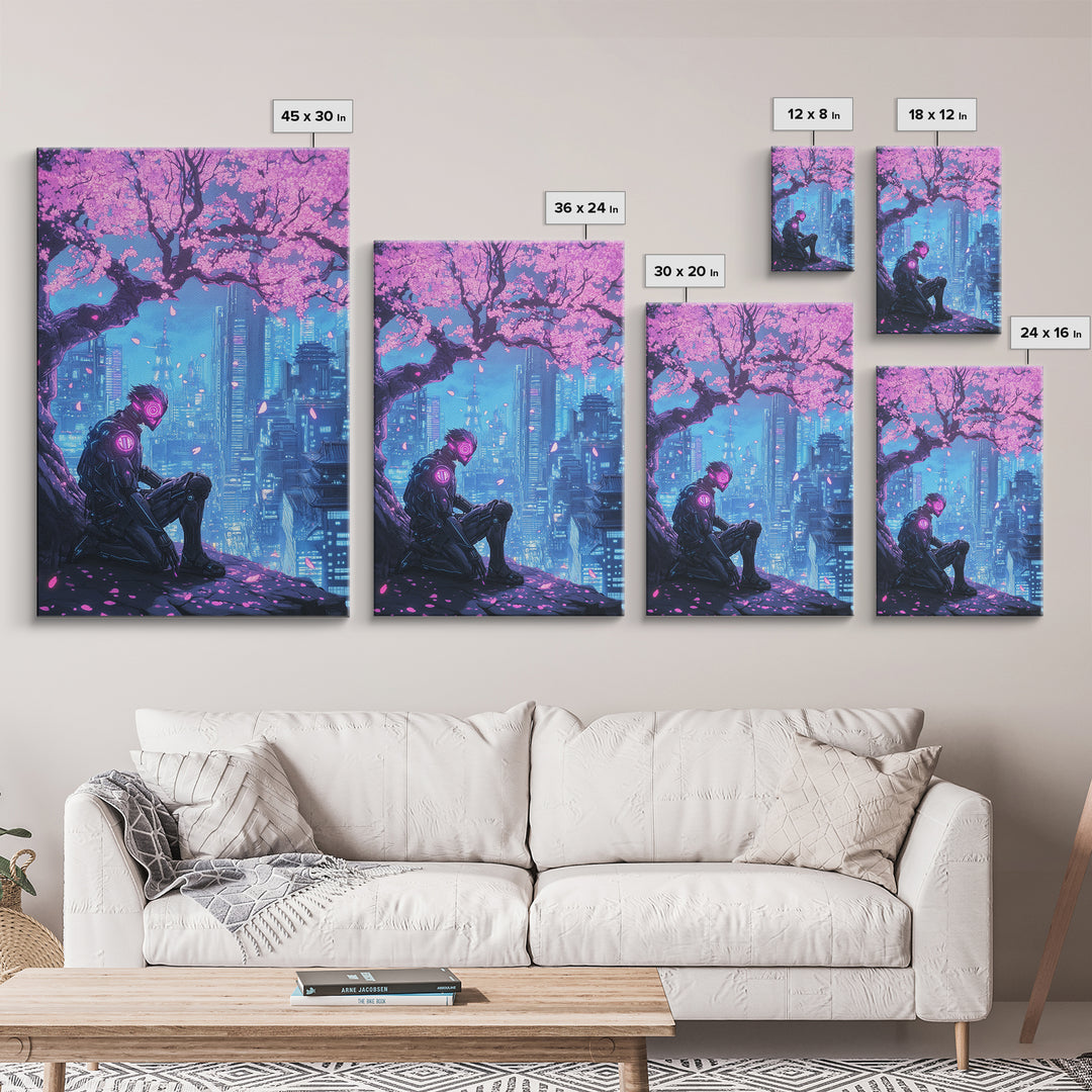 Cyberpunk Samurai Under Sakura Framed Canvas Print, Futuristic City Wall Art, Neon Sci Fi Decor, Gaming Room Wall Decor, Gift For Him