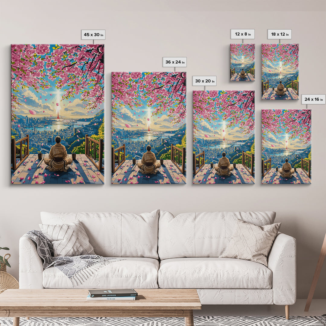 Cherry Blossom City Meditation Canvas Print, Japanese Sakura Landscape Wall Art, Zen Sunrise Decor, Modern Living Room Art