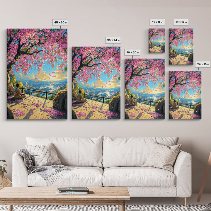 Sakura Terrace Sunset Meditation Wall Art, Japanese City Landscape Print, Cherry Blossom Decor, Zen Bedroom Wall Art, Home Decor Gift