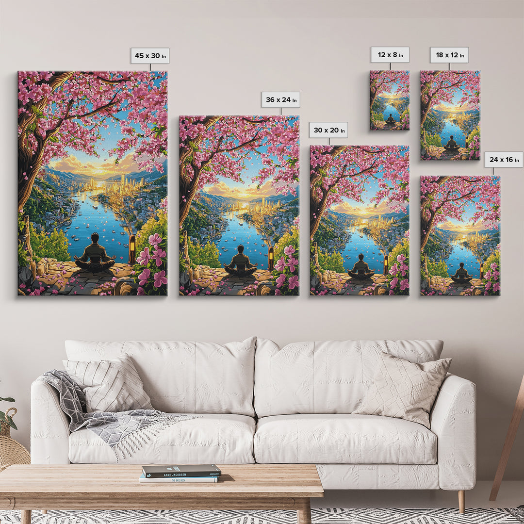 Golden Harbor Sakura Meditation Framed Canvas Print, Japanese Landscape Wall Art, Zen City Decor, Large Living Room Art Print