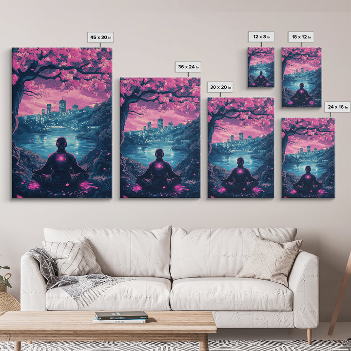 Neon Android Sakura Lake Meditation Wall Art, Cyberpunk Cityscape Print, Pink Cherry Blossom Decor, Sci Fi Bedroom Art, Gaming Room Decor