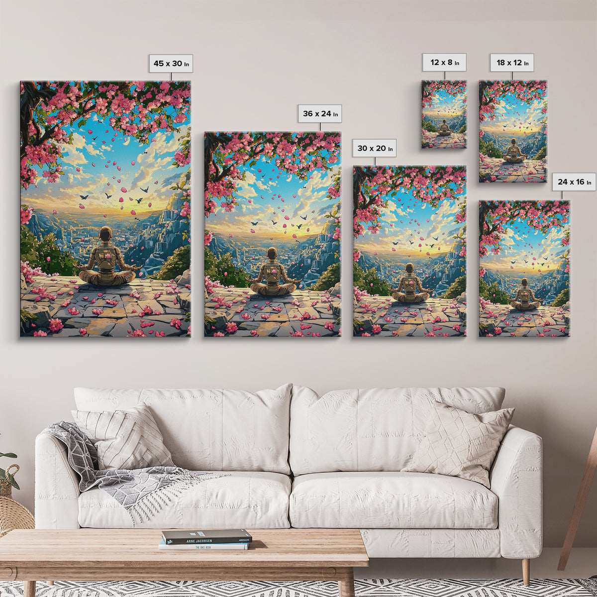 Android Meditation Sakura Valley Wall Art, Futuristic Robot Landscape Print, Cherry Blossom Decor, Japanese Anime Wall Decor