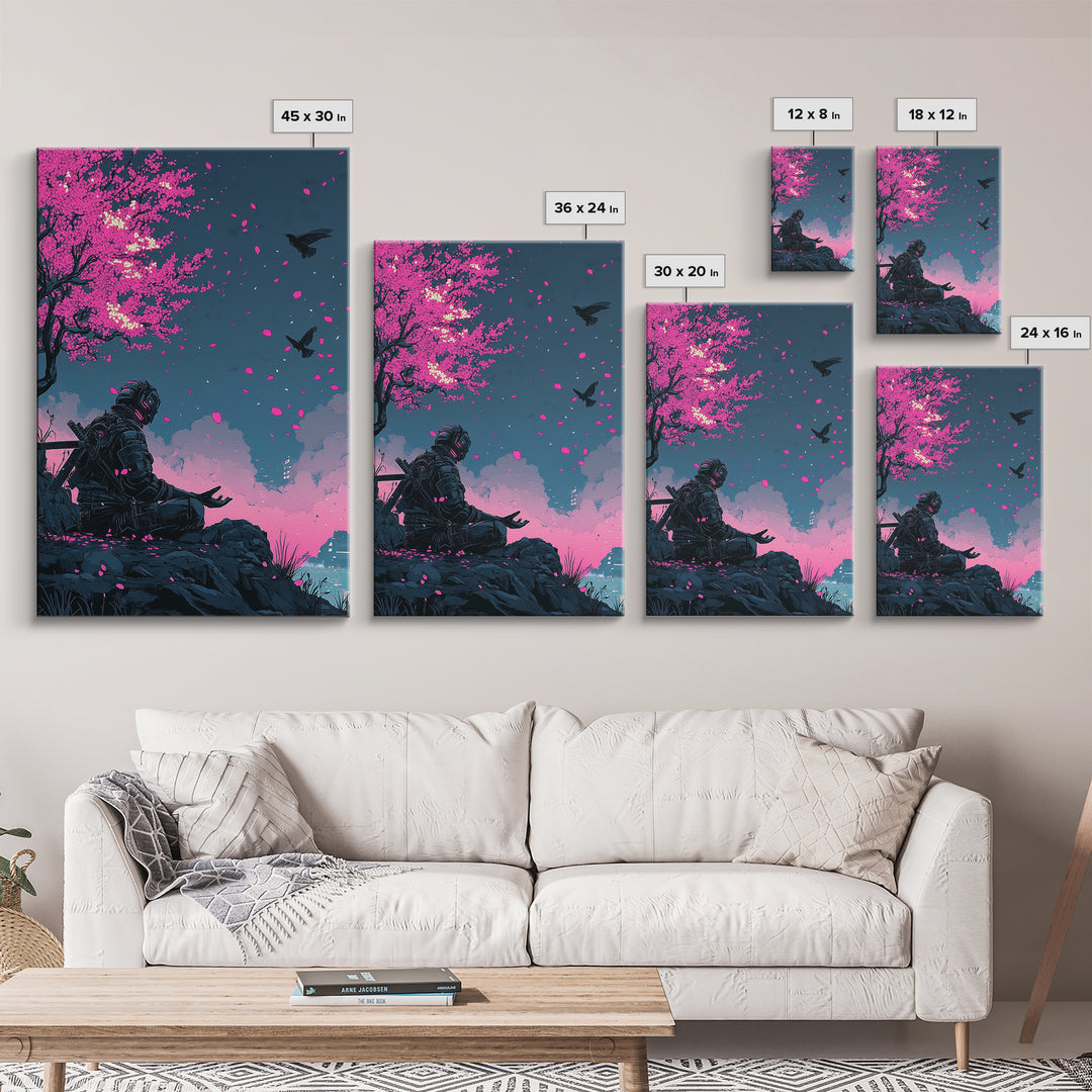 Cyberpunk Warrior Sakura Night Framed Canvas Print, Neon Sci Fi Wall Art, Pink Cherry Blossom Decor, Futuristic Poster, Gift For Him