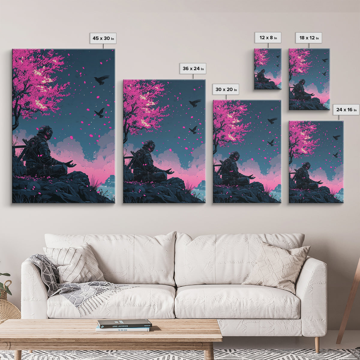 Cyberpunk Warrior Sakura Night Framed Canvas Print, Neon Sci Fi Wall Art, Pink Cherry Blossom Decor, Futuristic Poster, Gift For Him