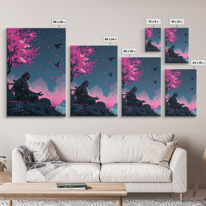 Cyberpunk Warrior Sakura Night Framed Canvas Print, Neon Sci Fi Wall Art, Pink Cherry Blossom Decor, Futuristic Poster, Gift For Him