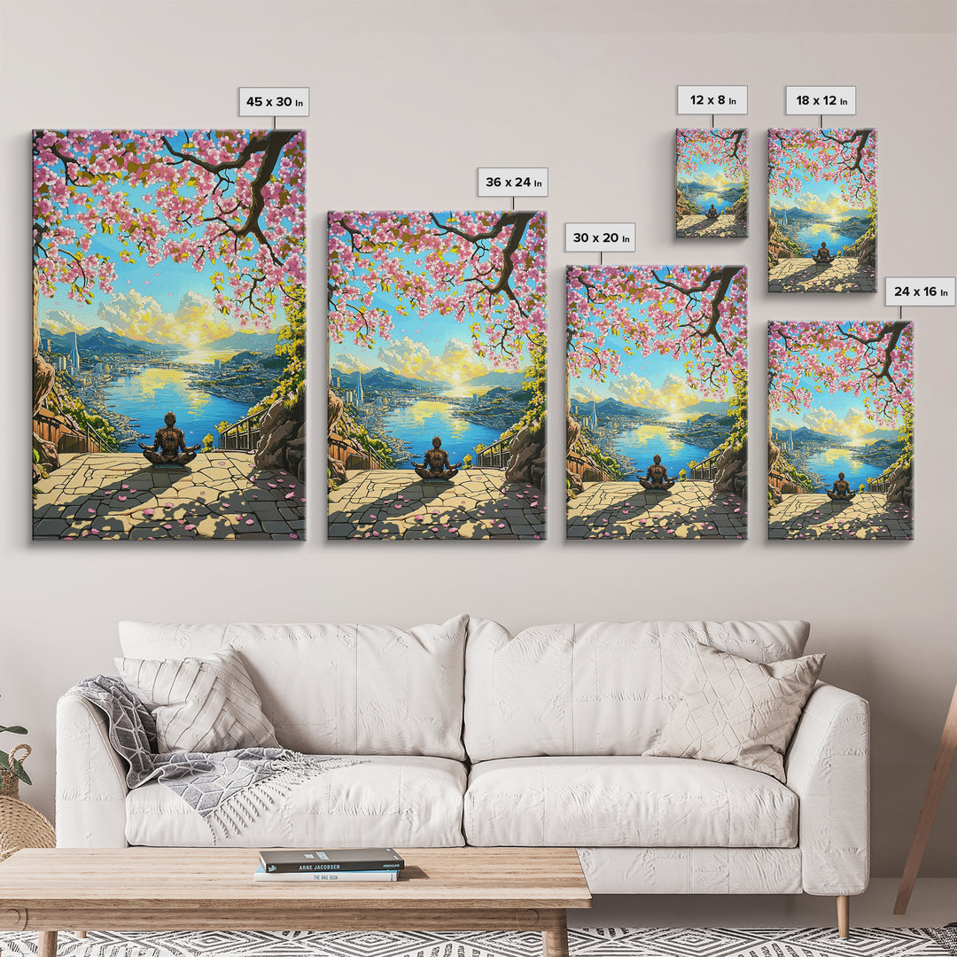 Cherry Blossom Ocean City Meditation Canvas Print, Japanese Landscape Wall Art, Sakura Sunrise Decor, Zen Home Decor Gift