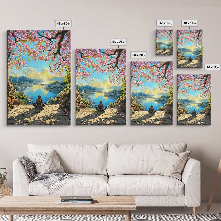 Cherry Blossom Ocean City Meditation Canvas Print, Japanese Landscape Wall Art, Sakura Sunrise Decor, Zen Home Decor Gift