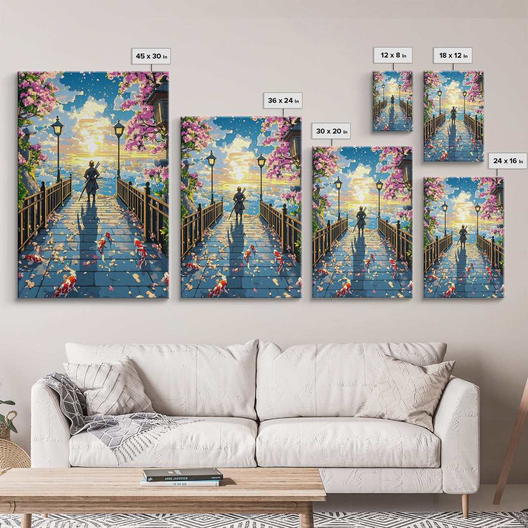 Samurai On Lantern Bridge At Ocean Sunset Wall Art, Japanese Cherry Blossom Koi Print, Anime Landscape Living Room Decor