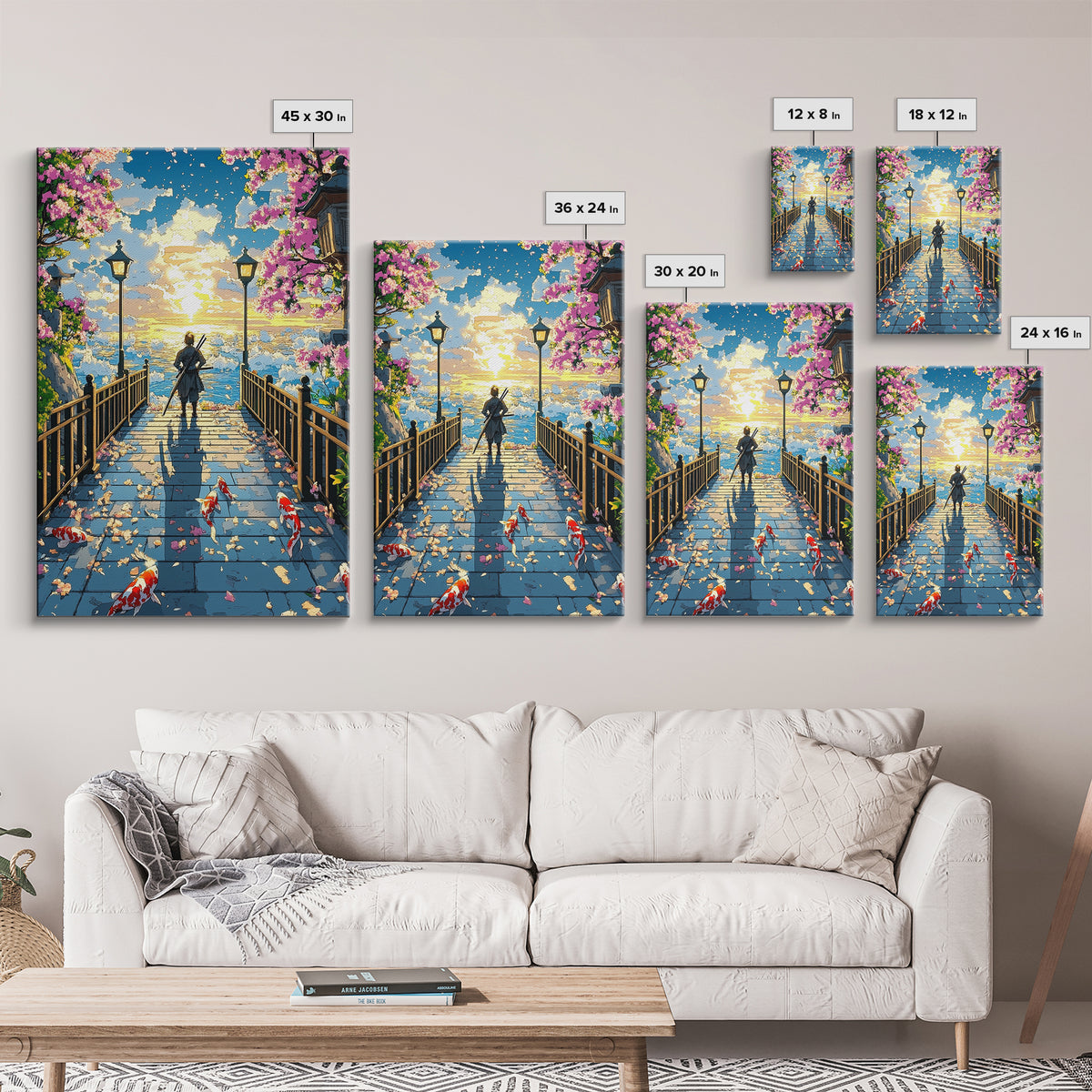 Samurai On Lantern Bridge At Ocean Sunset Wall Art, Japanese Cherry Blossom Koi Print, Anime Landscape Living Room Decor
