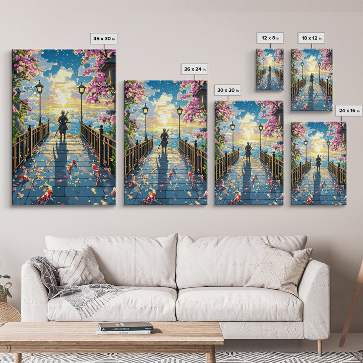 Samurai On Lantern Bridge At Ocean Sunset Wall Art, Japanese Cherry Blossom Koi Print, Anime Landscape Living Room Decor