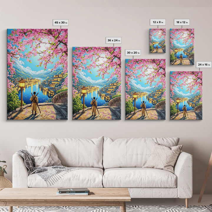 Samurai Over Lake Village With Cherry Blossoms Canvas Print, Japanese Wall Art, Anime Landscape, Travel Inspired Home Decor