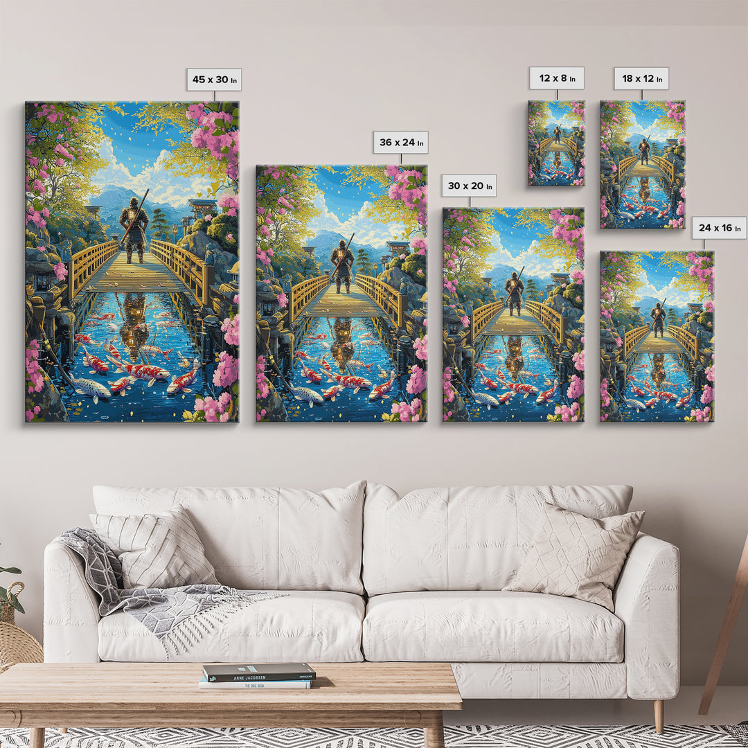 Samurai On Wooden Bridge Above Koi Pond Framed Canvas Print, Japanese Wall Art, Cherry Blossom Mountain Landscape Decor Print
