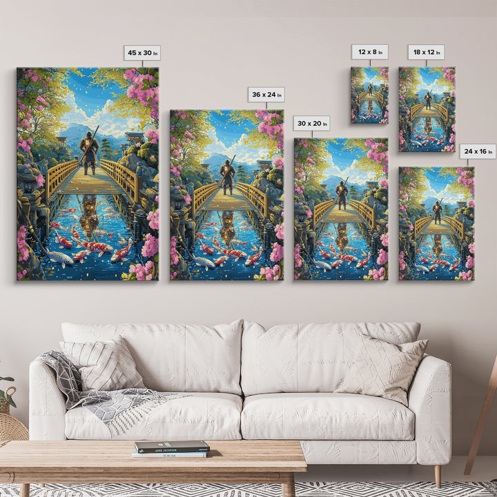 Samurai On Wooden Bridge Above Koi Pond Framed Canvas Print, Japanese Wall Art, Cherry Blossom Mountain Landscape Decor Print