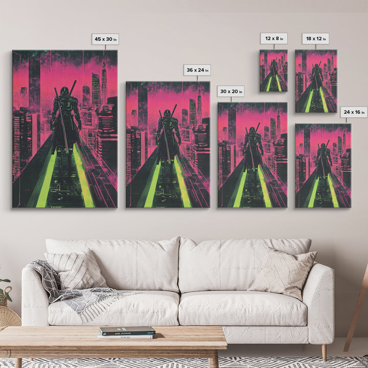 Cyberpunk Samurai On Neon Rooftop Wall Art, Futuristic Cityscape Poster, Pink Green Sci Fi Gaming Room Decor For Him Gift