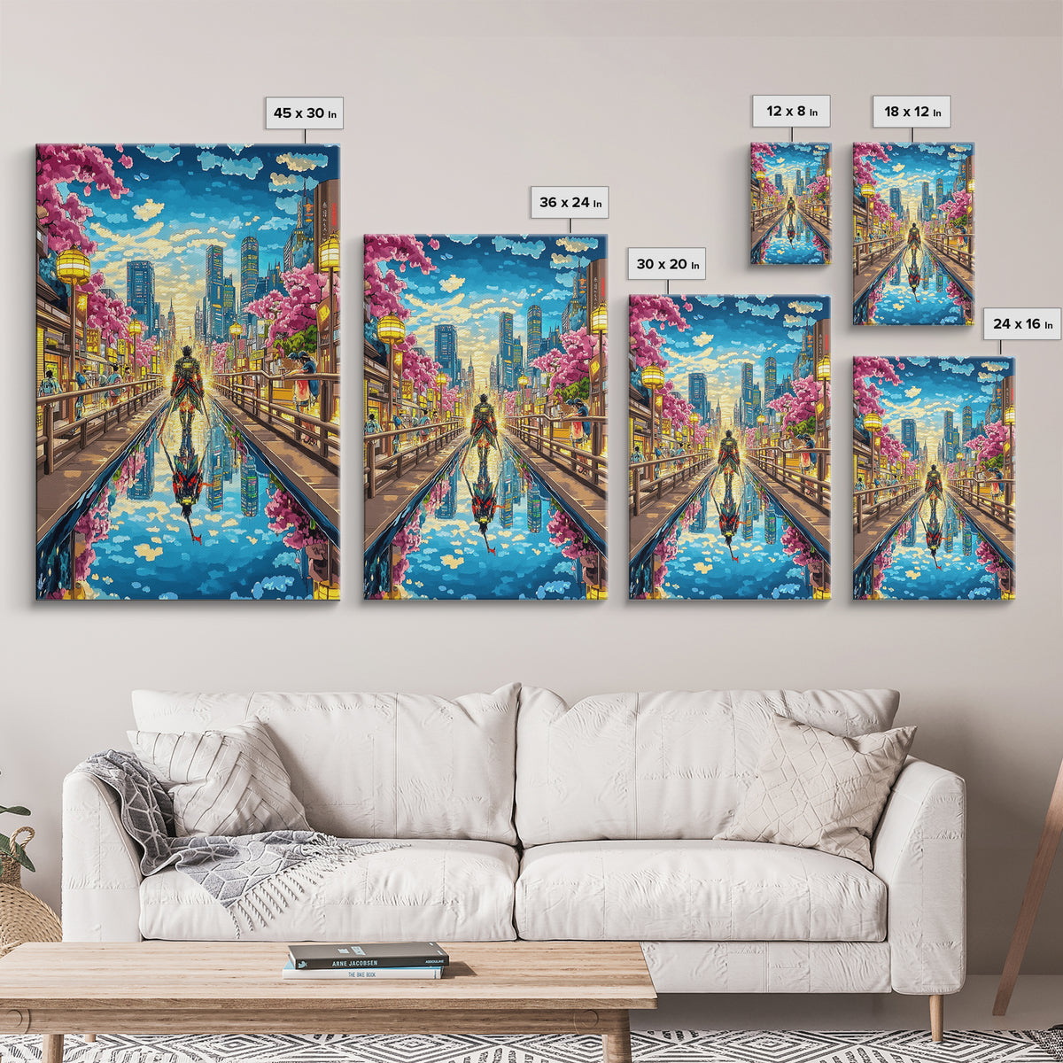 Samurai In Modern City Canal Reflection Canvas Print, Japanese Cherry Blossom Wall Art, Cyberpunk Anime Living Room Decor