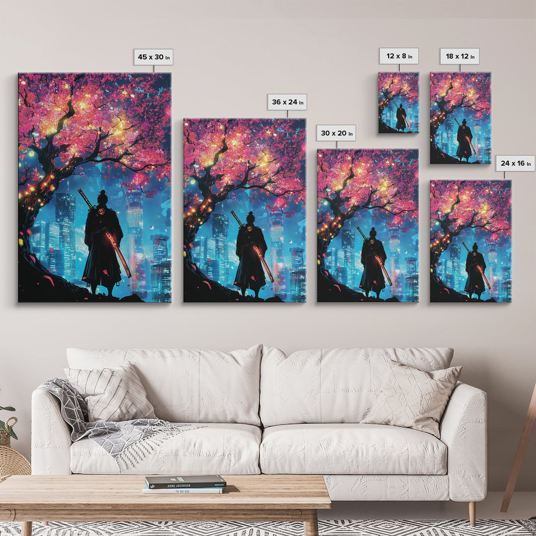 Cyberpunk Samurai Under Glowing Sakura Tree Wall Art, Neon Japanese Cityscape, Moody Anime Poster, Gaming Room Decor Gift For Him