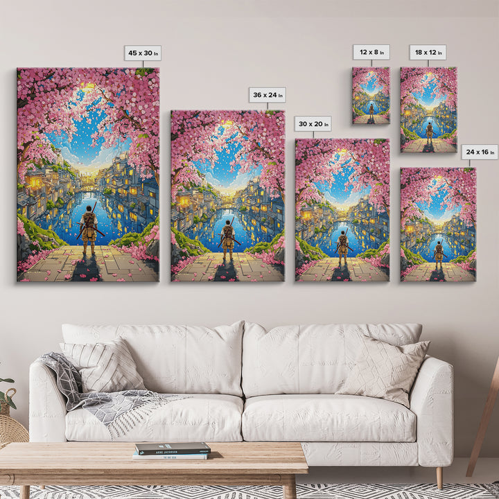 Samurai By Cherry Blossom Canal In Japanese Town Framed Canvas Print, Anime Landscape Wall Art, Cozy Living Room Decor Print
