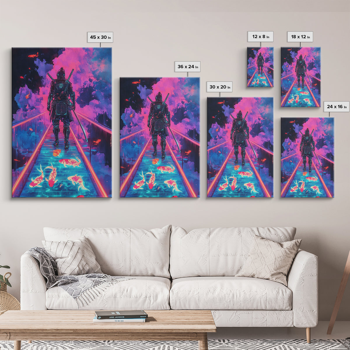 Neon Samurai On Glowing Koi Bridge Framed Canvas Print, Cyberpunk Wall Art, Surreal Japanese Anime Gaming Room Decor Gift