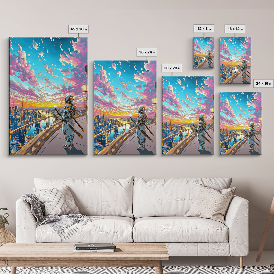 Samurai On Skyline Balcony At Pink Sunset Canvas Print, Japanese Cyberpunk Wall Art, Anime Cityscape Home Office Decor Print